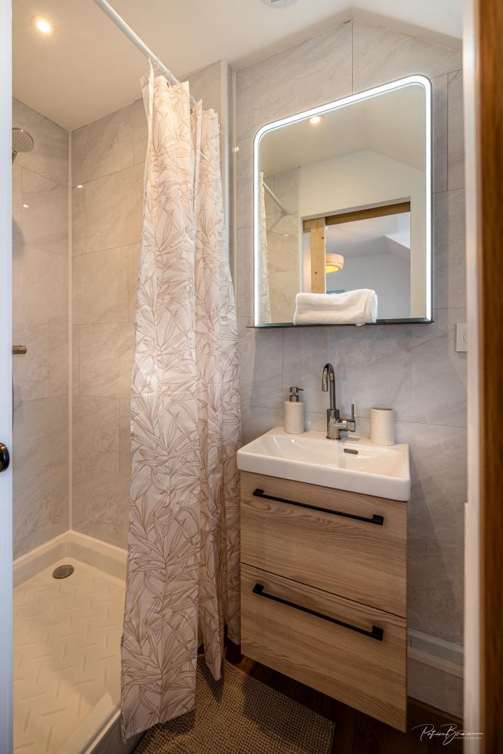 Salle d'eau avec douche, meuble vasque et WC photo 32