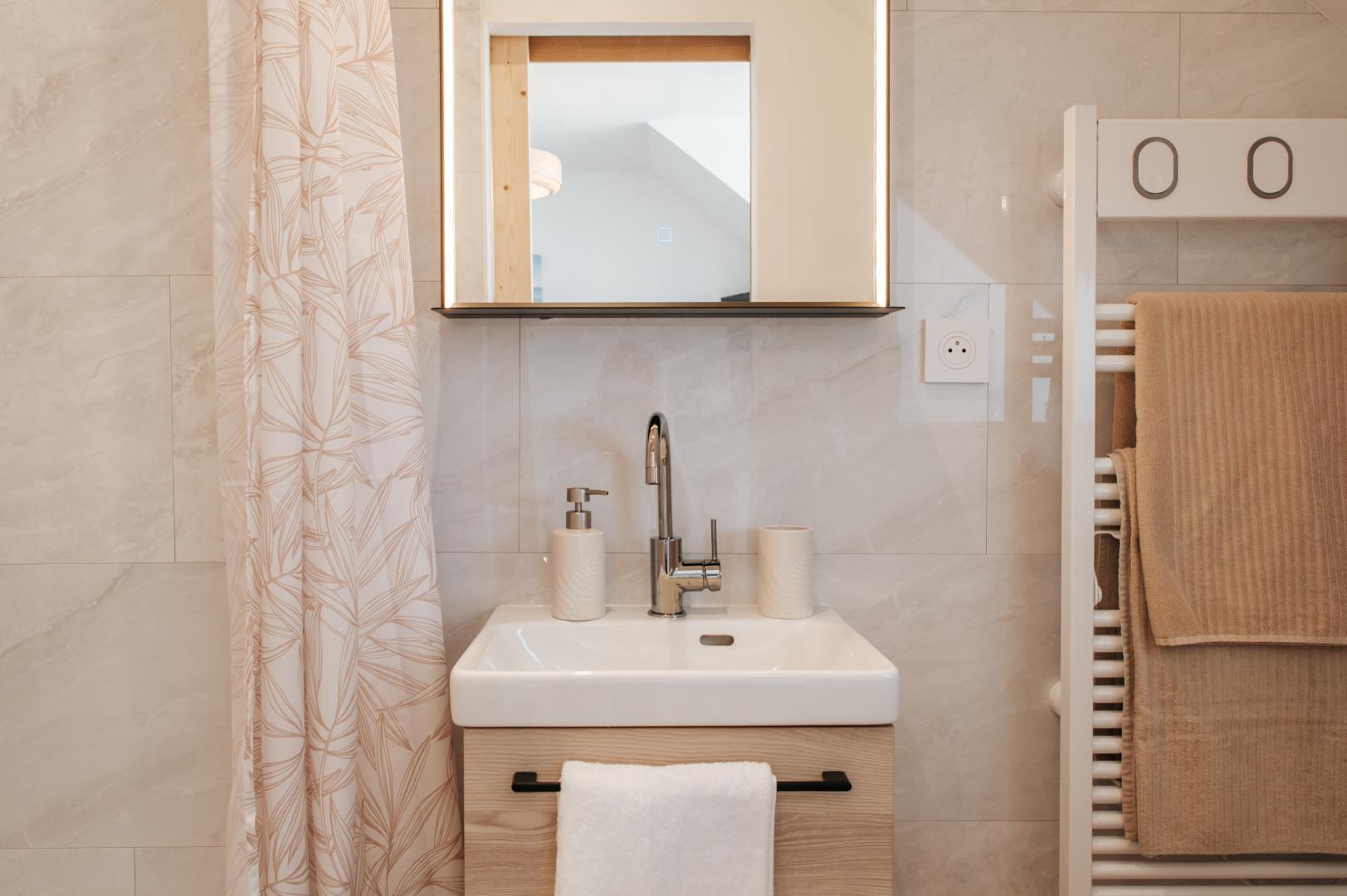 Salle d'eau avec douche, meuble vasque, radiateur sèche serviettes et WC photo 5